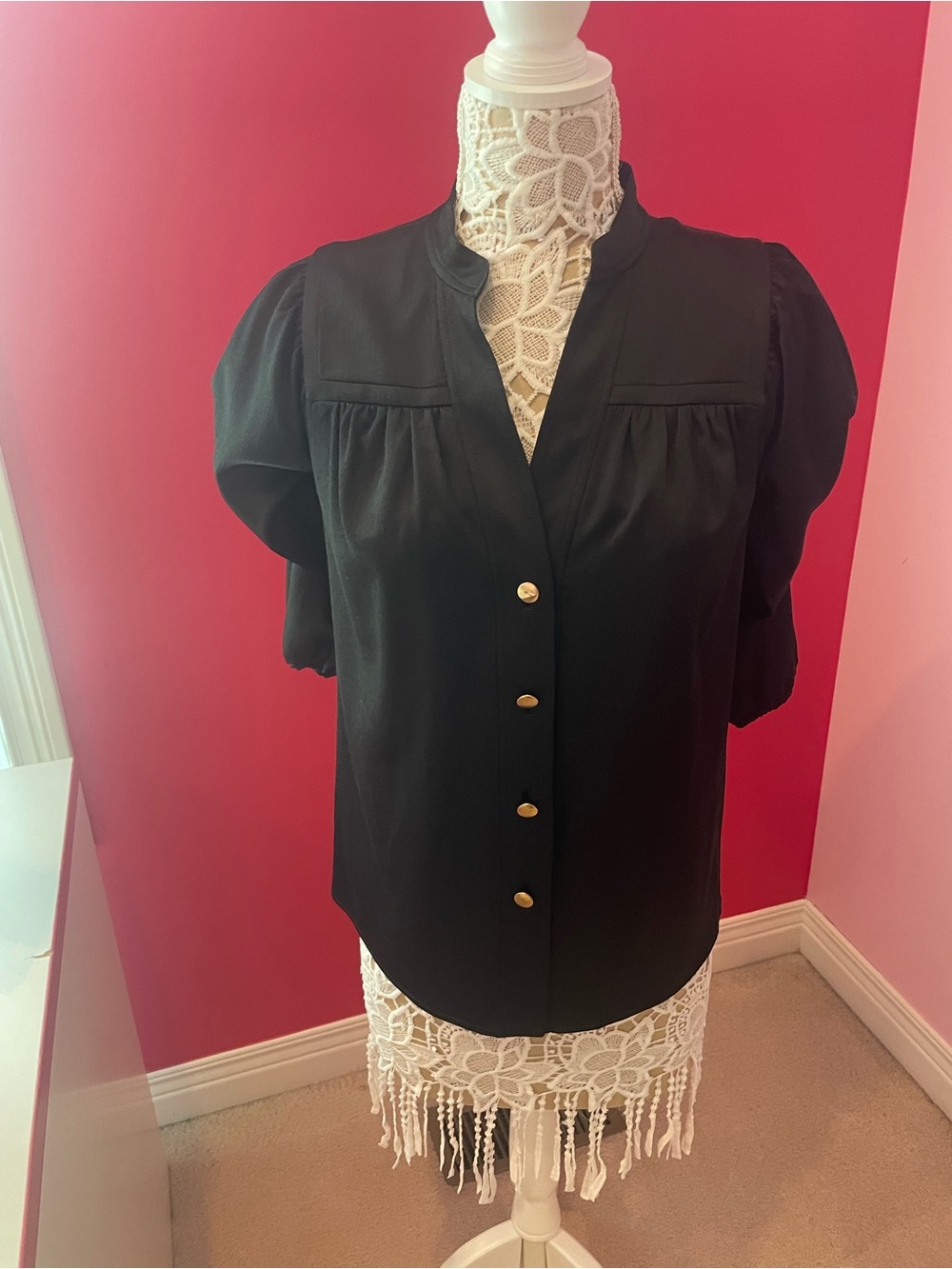 Diane Von Furstenberg Black Blouse with gold Trim Buttons